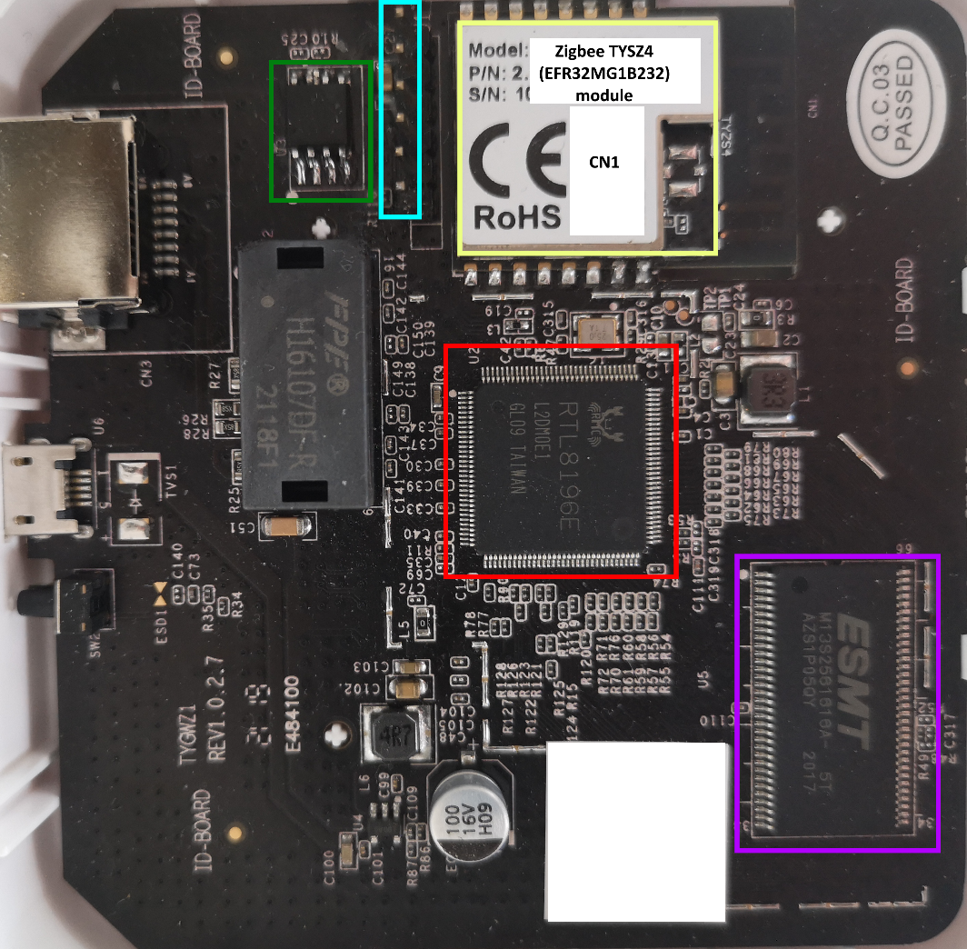 Lidl gateway PCB with the J1 serial and SWD header highlighted in cyan